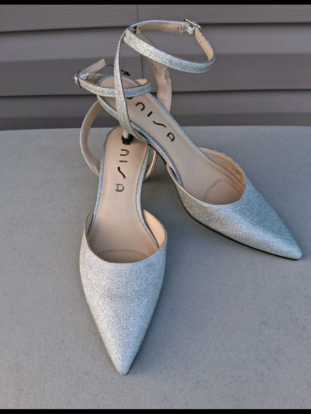 NWT Unisa Silver Sparkly Pointed Toe Ankle-Strap Kitten Heels